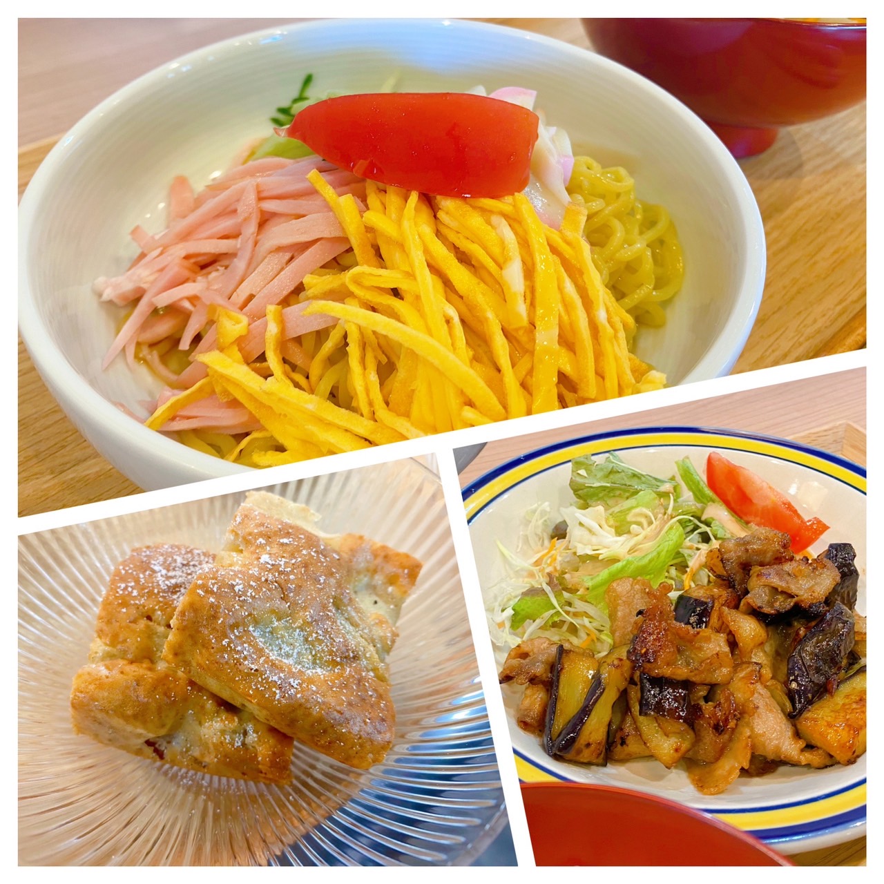 【都筑校】冷やし中華、アップルシナモンパンケーキ、生姜焼き