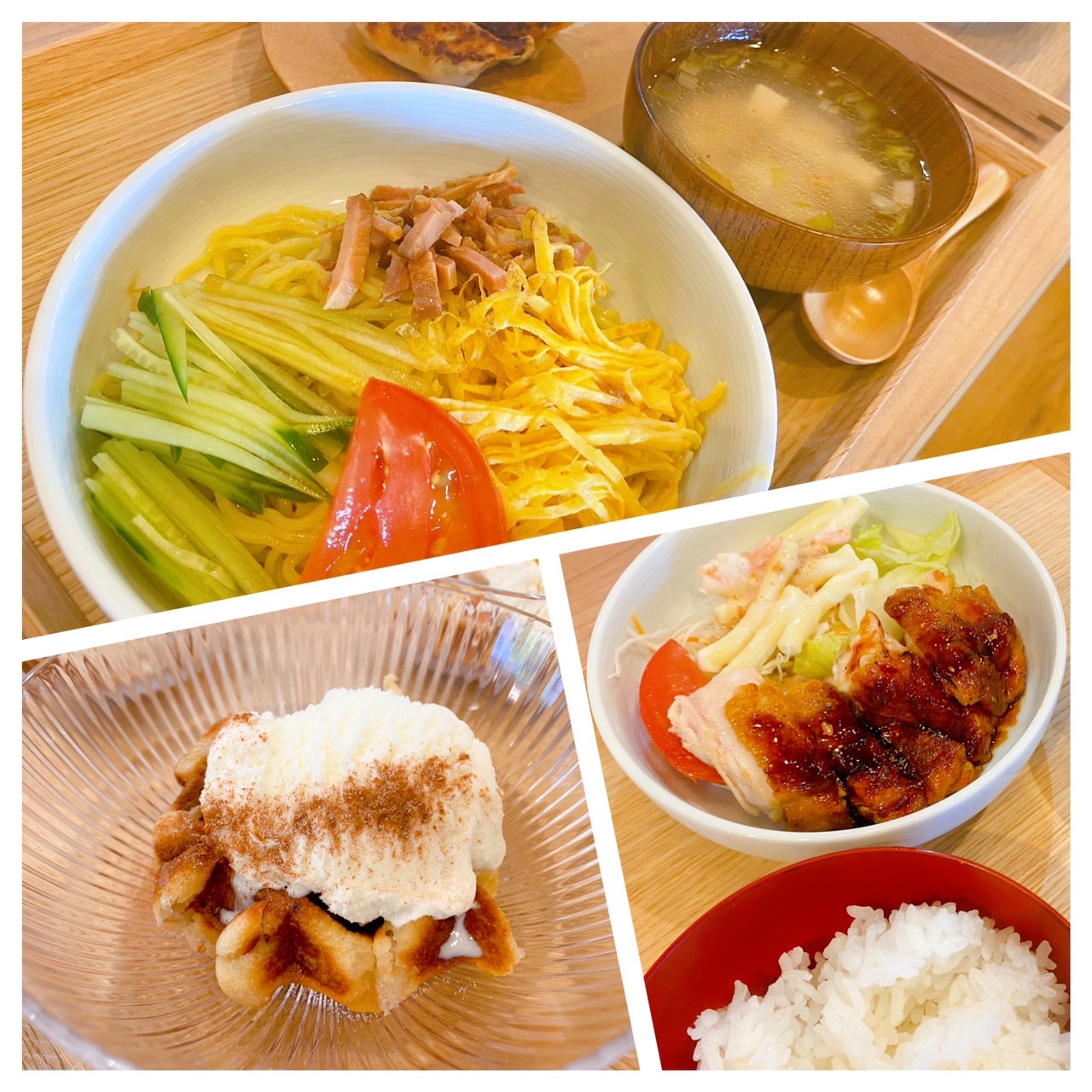 【都筑校】冷やし中華、ワッフルバニラアイスクリーム、照り焼きチキン