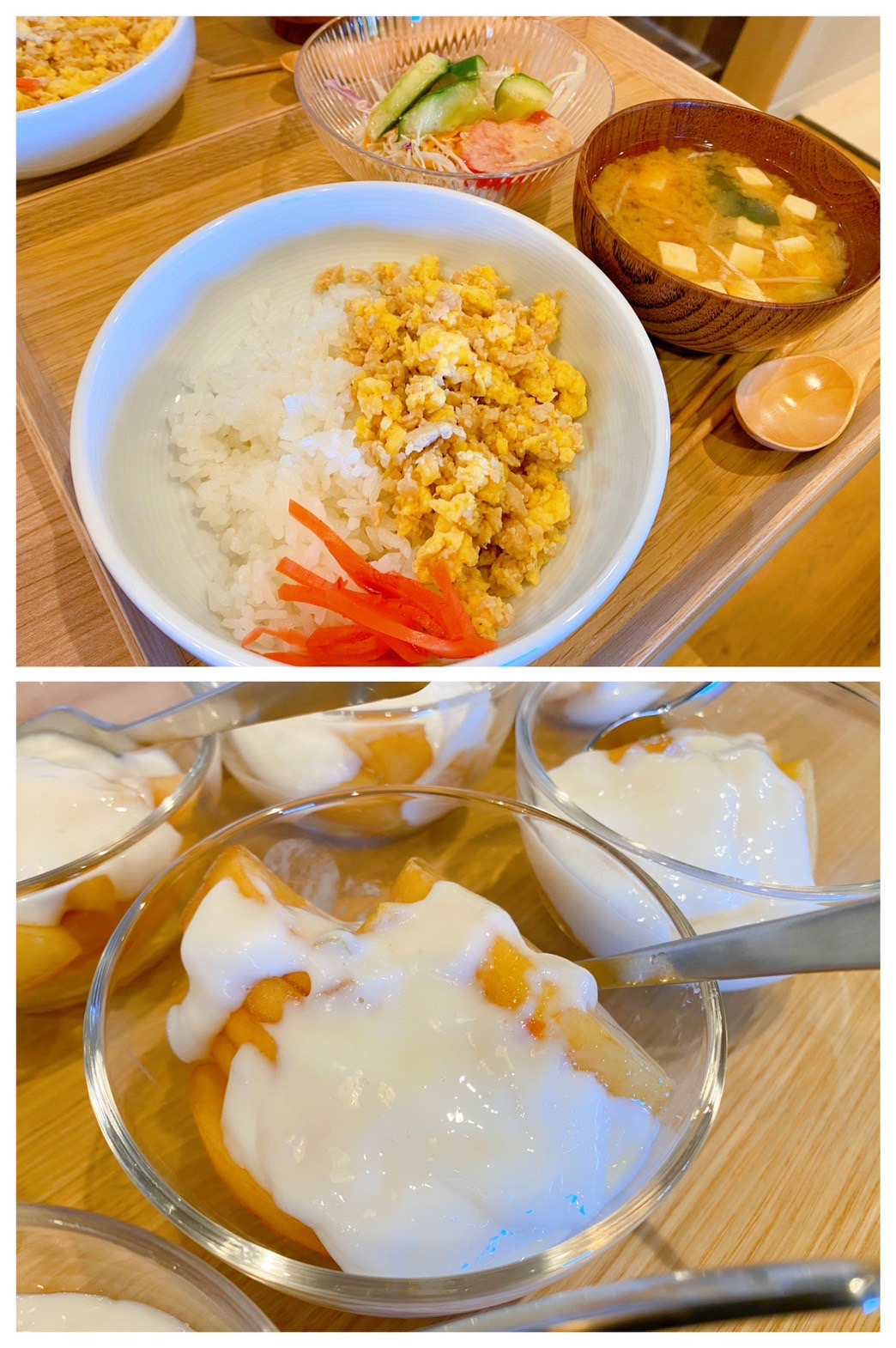 【都筑校】鶏そぼろ丼、桃とヨーグルト