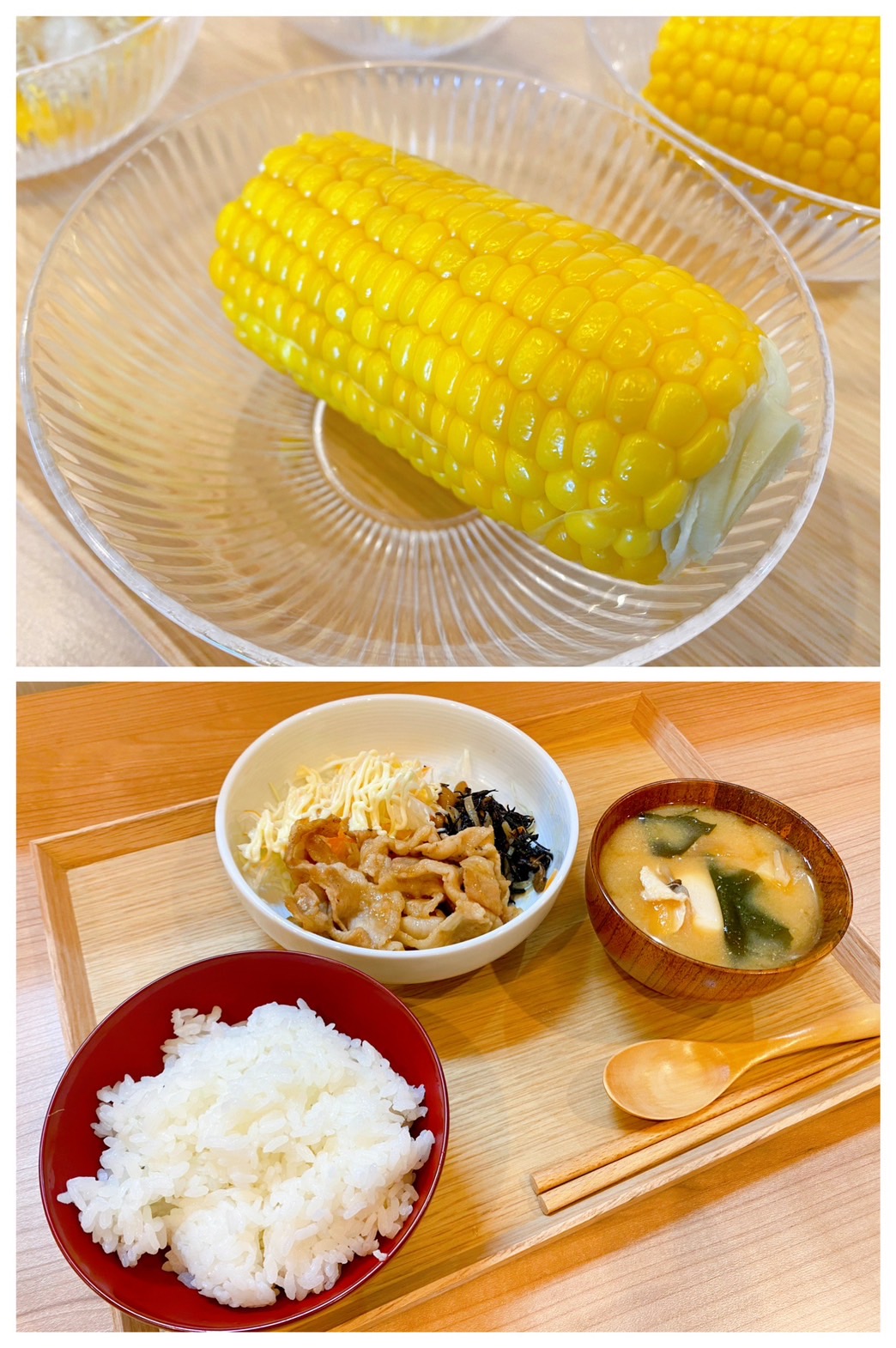 【都筑校】とうもろこし、豚の生姜焼き